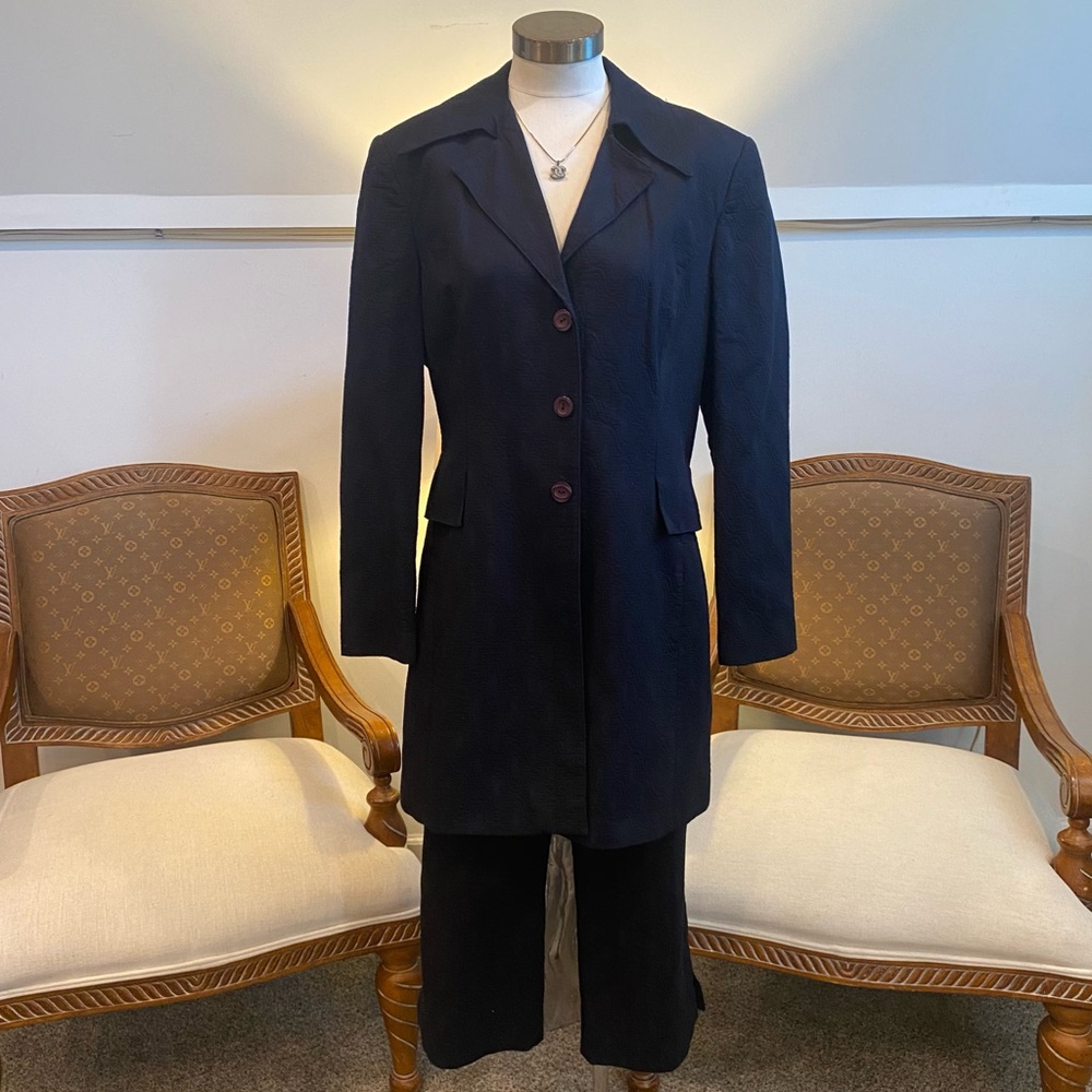 Vintage 90s Elegant Navy Blue Peacoat Blazer and Capri Pants Suit Set, Office, L